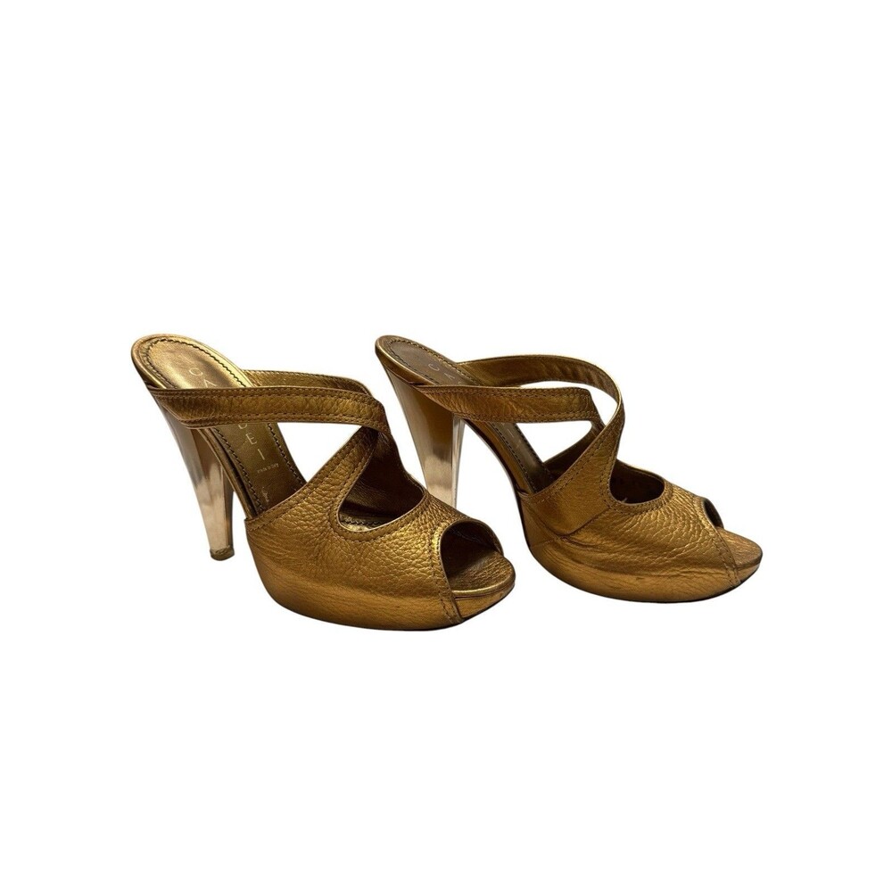 Casadei Metallic Gold Criss-Cross Pebble Leather Peep-Toe Mule Sandals 6.5B